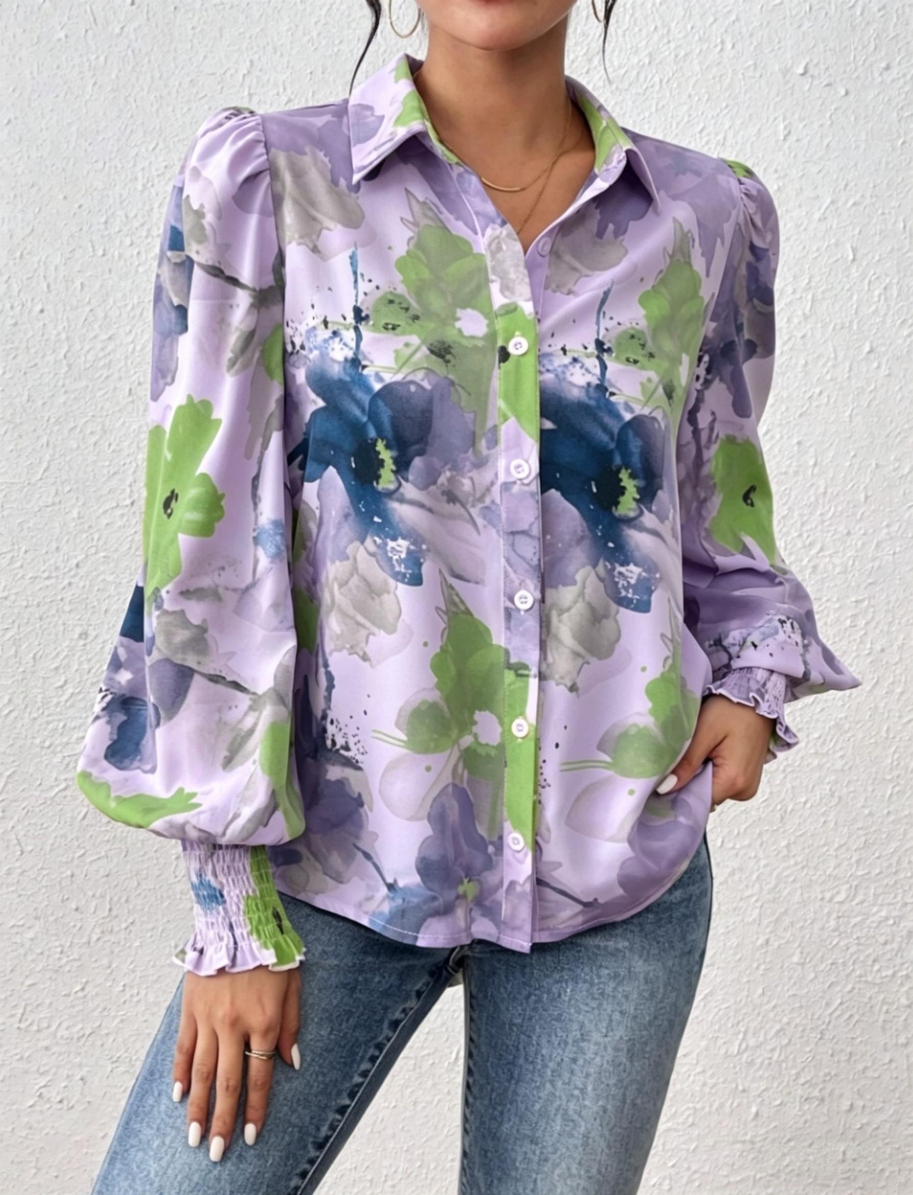 Women's Watercolor Floral Print Blouse - Puff Sleeve Shirred Cuff Button Up Shirt