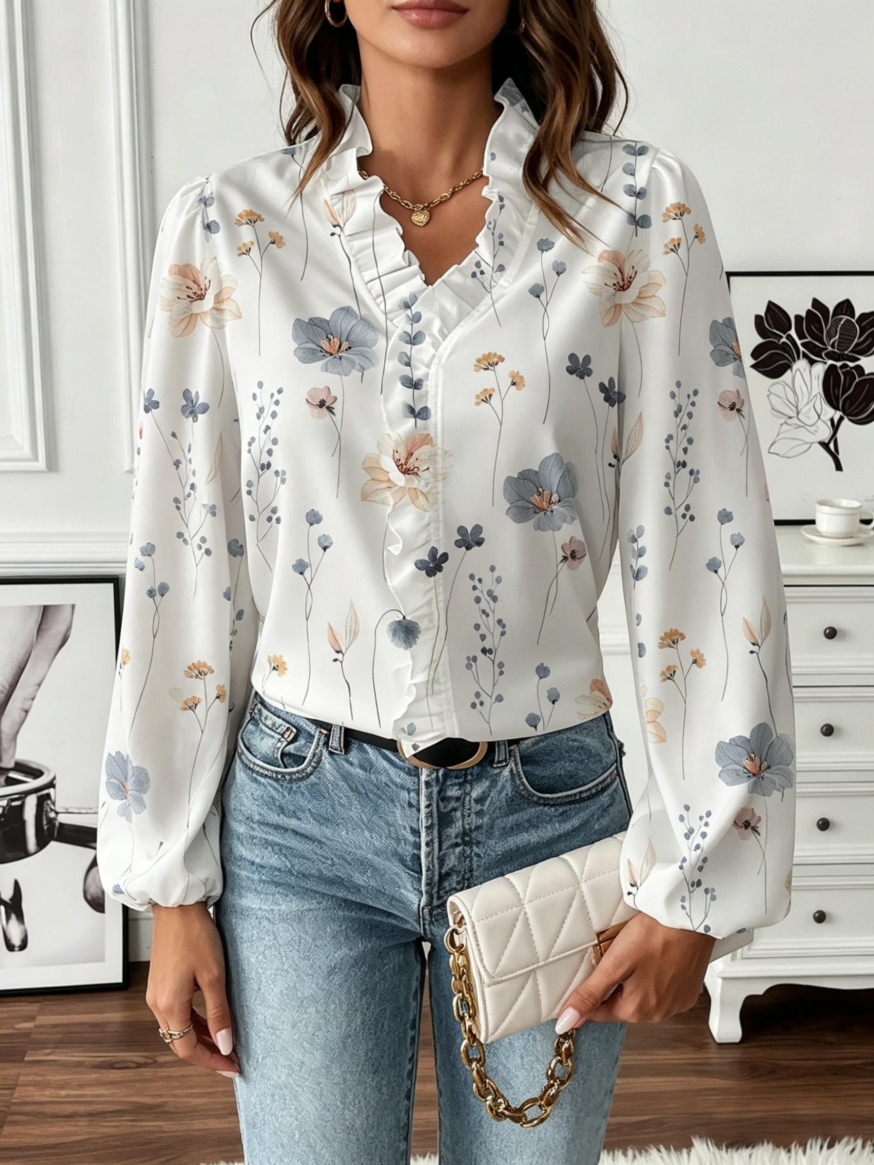 Floral Lace-Trimmed V-Neck Blouse, Puff Sleeve Chiffon Top