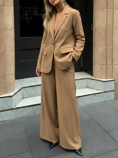 Woman's Camel Vertical Stripe Blazer & Wide-Leg Pants Set | Loose Casual Office Two-Piece-Aegean-sea