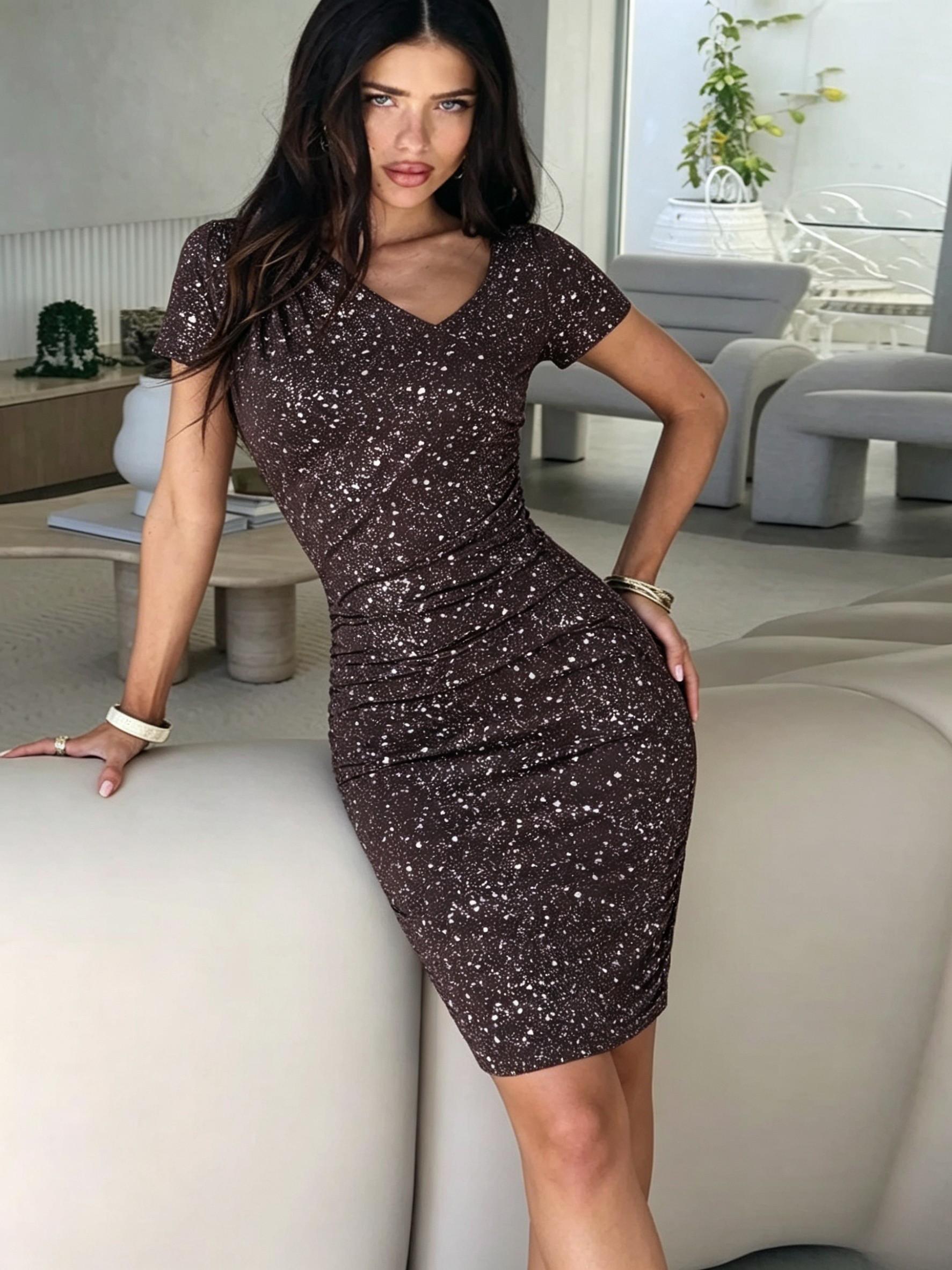 Dark brown sequined slant-collared sheath skirt, party short skirt