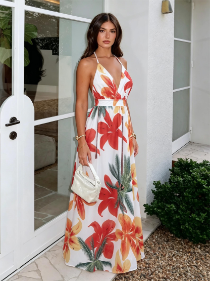 Tropical Floral V-Neck Camisole Maxi Dress