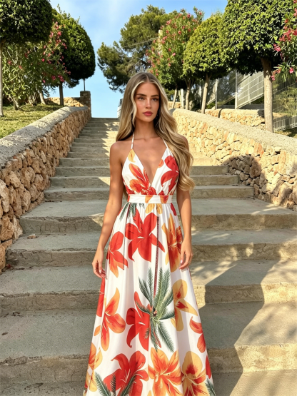 Tropical Floral V-Neck Camisole Maxi Dress
