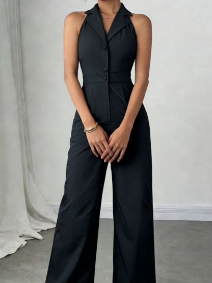 Woman's sleeveless backless suit collar-buttoned high-waisted wide-legged jumpsuit-Aegean-sea