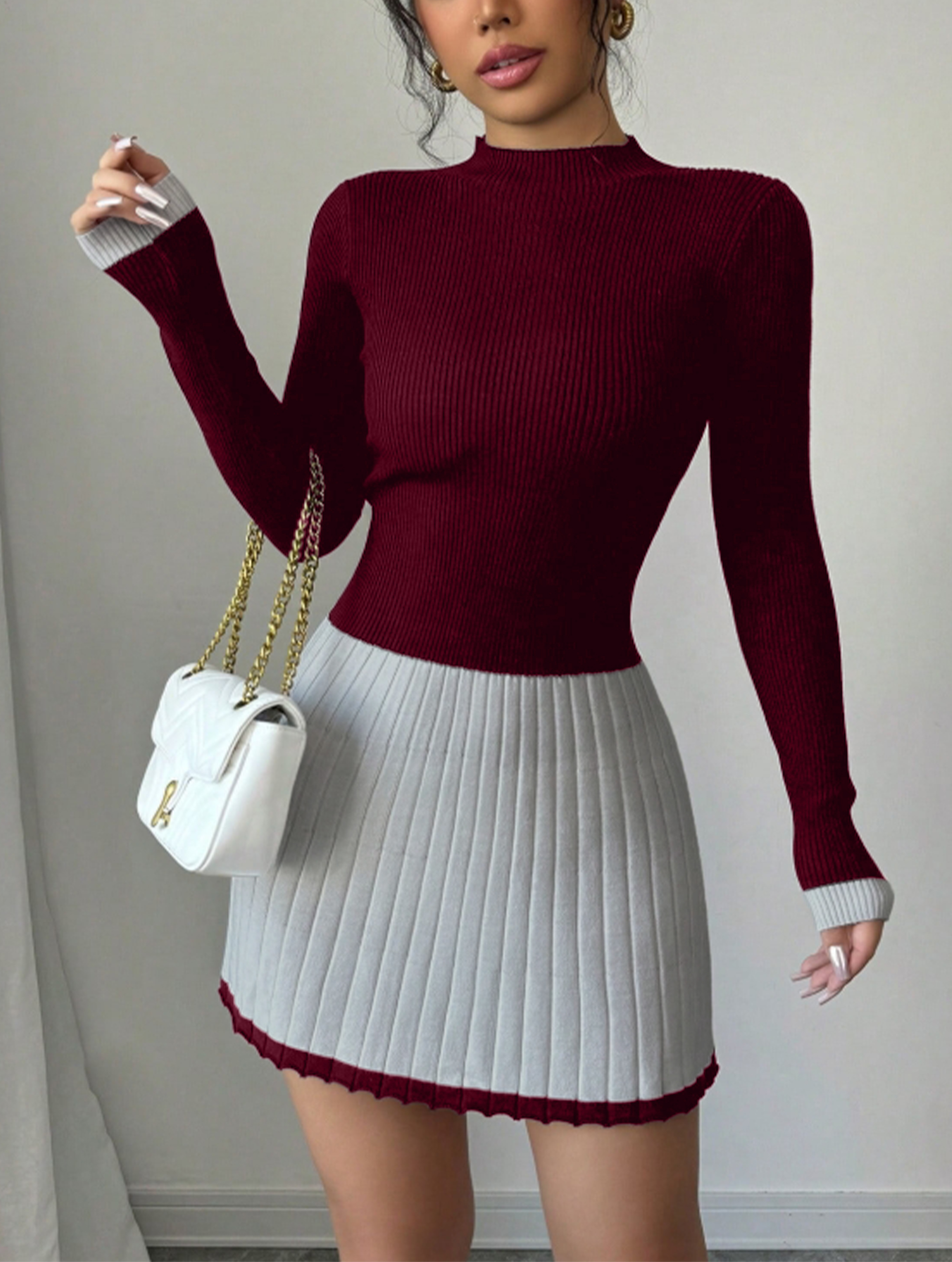 Vestido de jersey ondulado de manga larga de punto de cuello alto de rayas negras y blancas para mujer