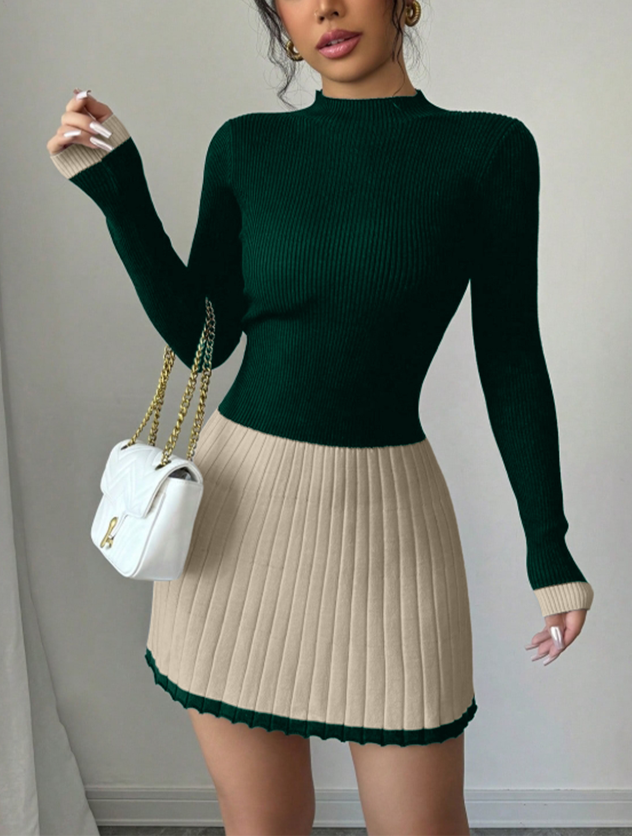 Vestido de jersey ondulado de manga larga de punto de cuello alto de rayas negras y blancas para mujer