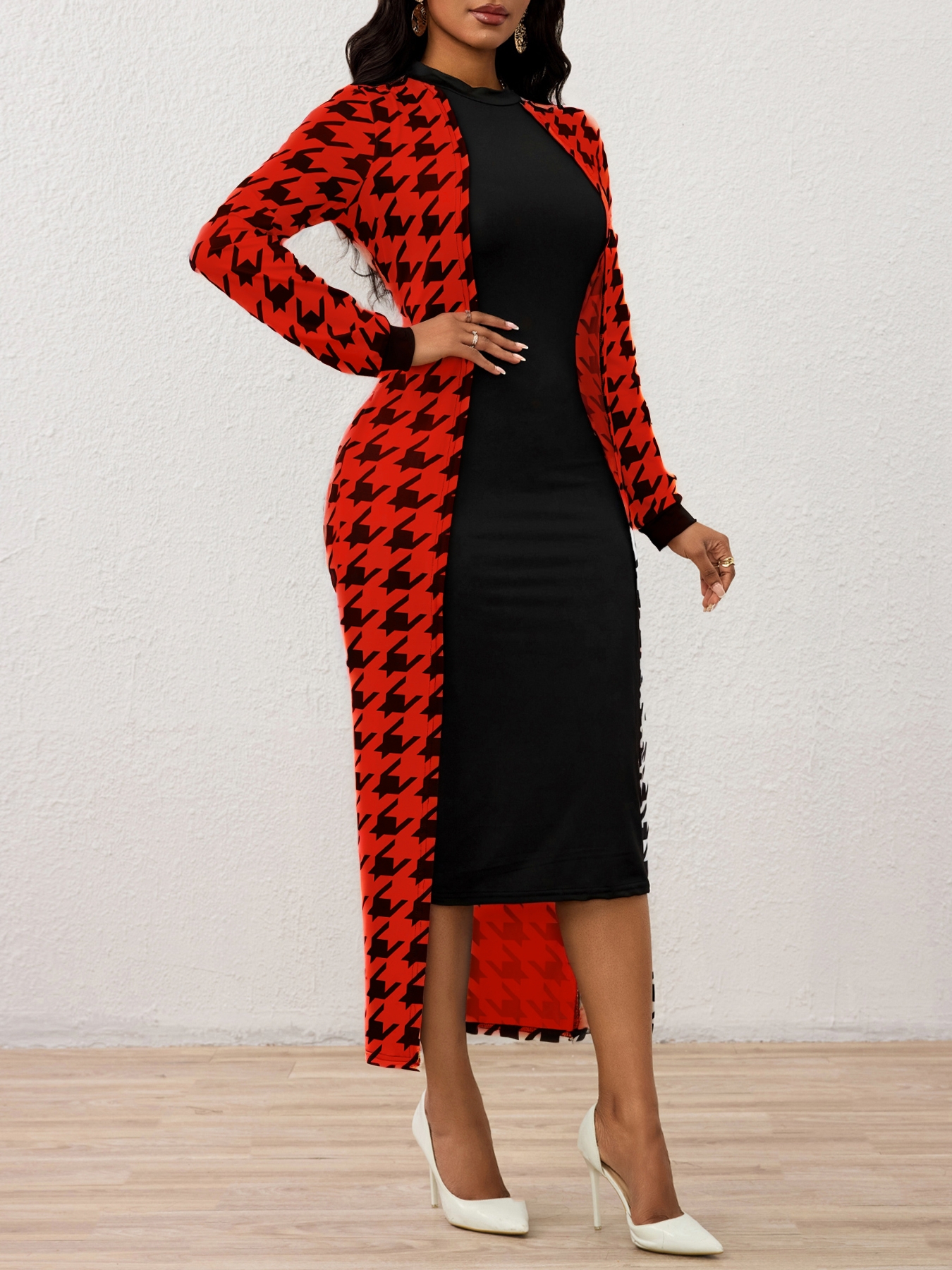 Vestido de cárdigan largo fino de diente de perro para mujeres-Aegean-sea