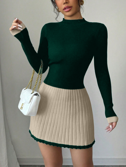 Vestido de jersey ondulado de manga larga de punto de cuello alto de rayas negras y blancas para mujer-Aegean-sea