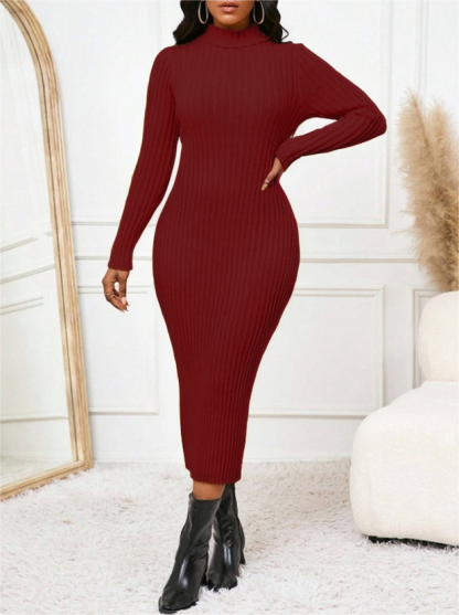 Vestido midi de cuerpo integral de manga larga de punto ribeteado de cuello alto para mujeres-Aegean-sea