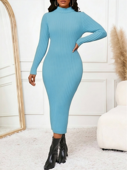 Vestido midi de cuerpo integral de manga larga de punto ribeteado de cuello alto para mujeres-Aegean-sea
