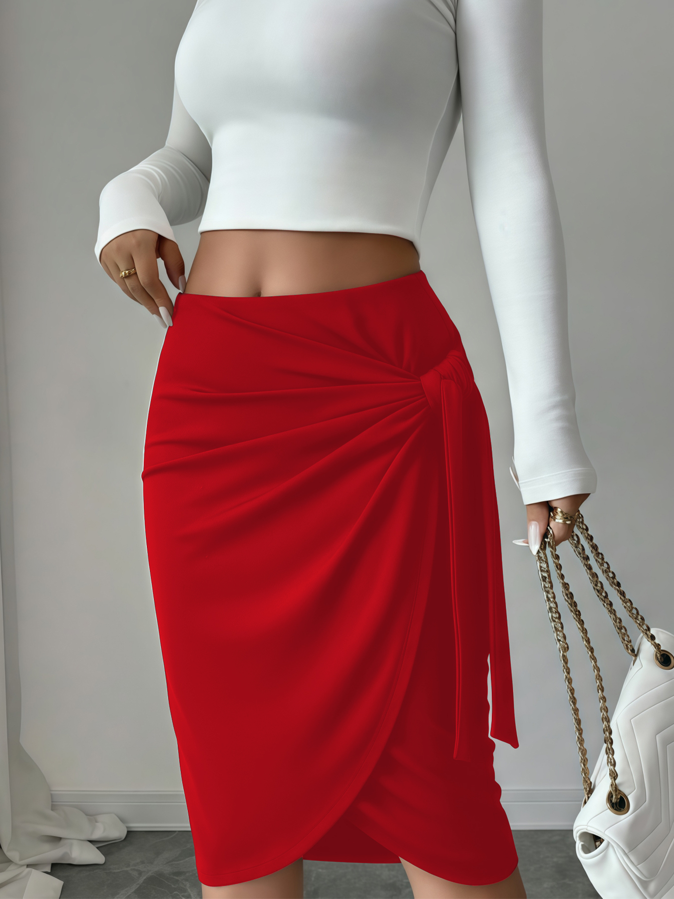 Falda media lápiz de mujer negra con corbata y lateral con ruchedura con abertura lateral-Aegean-sea