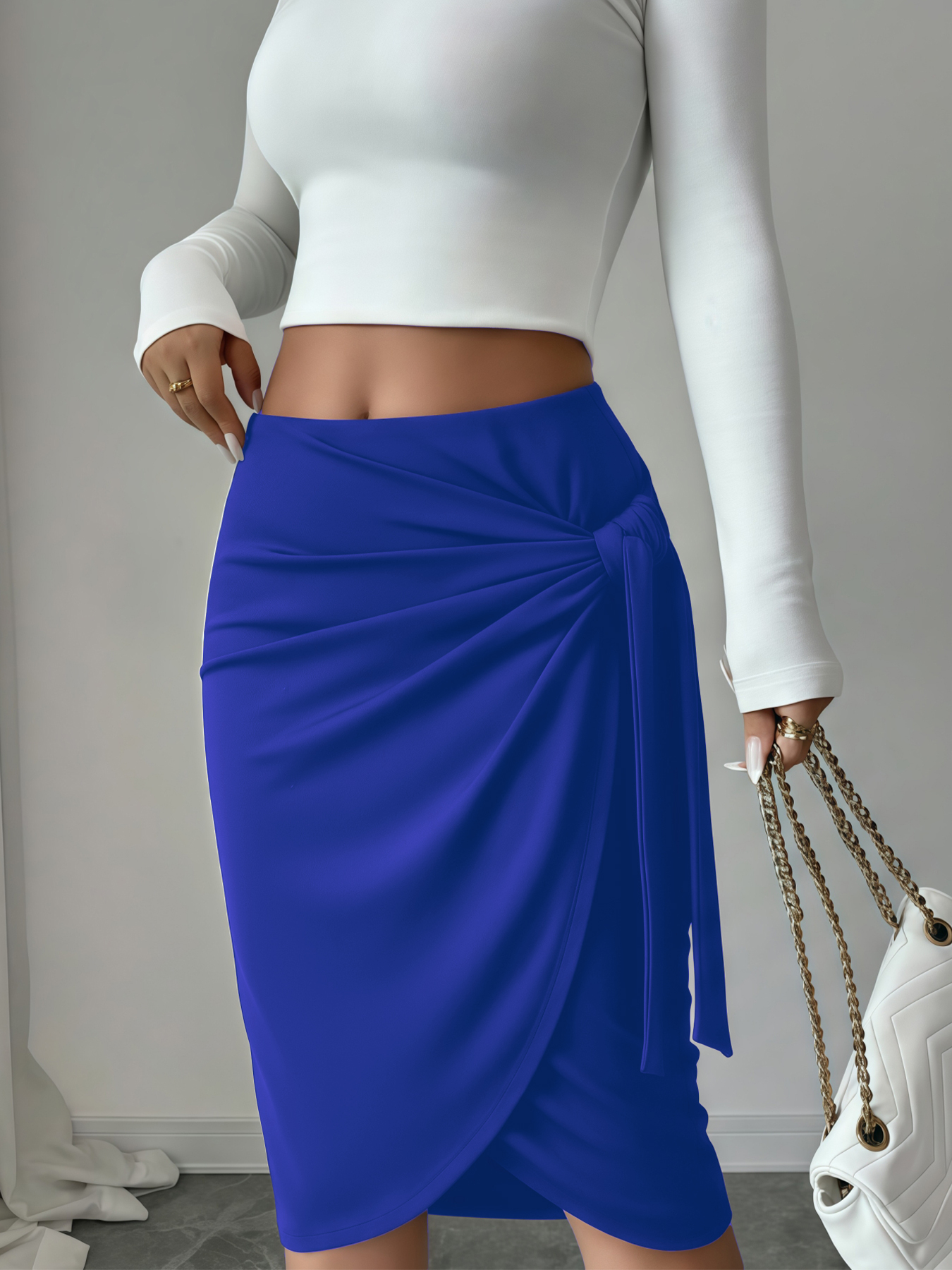 Falda media lápiz de mujer negra con corbata y lateral con ruchedura con abertura lateral-Aegean-sea