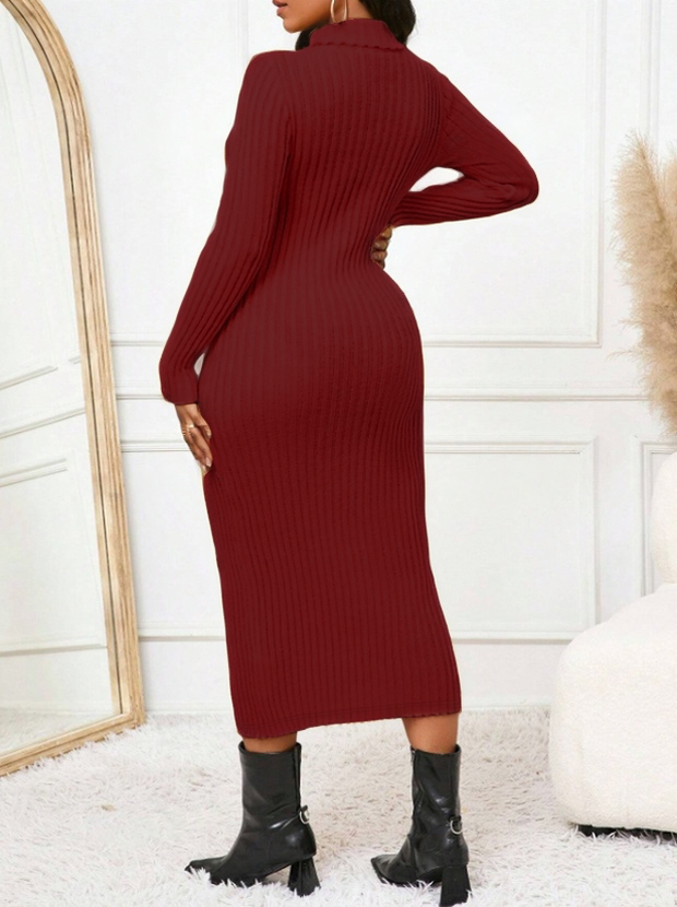 Vestido midi de cuerpo integral de manga larga de punto ribeteado de cuello alto para mujeres-Aegean-sea