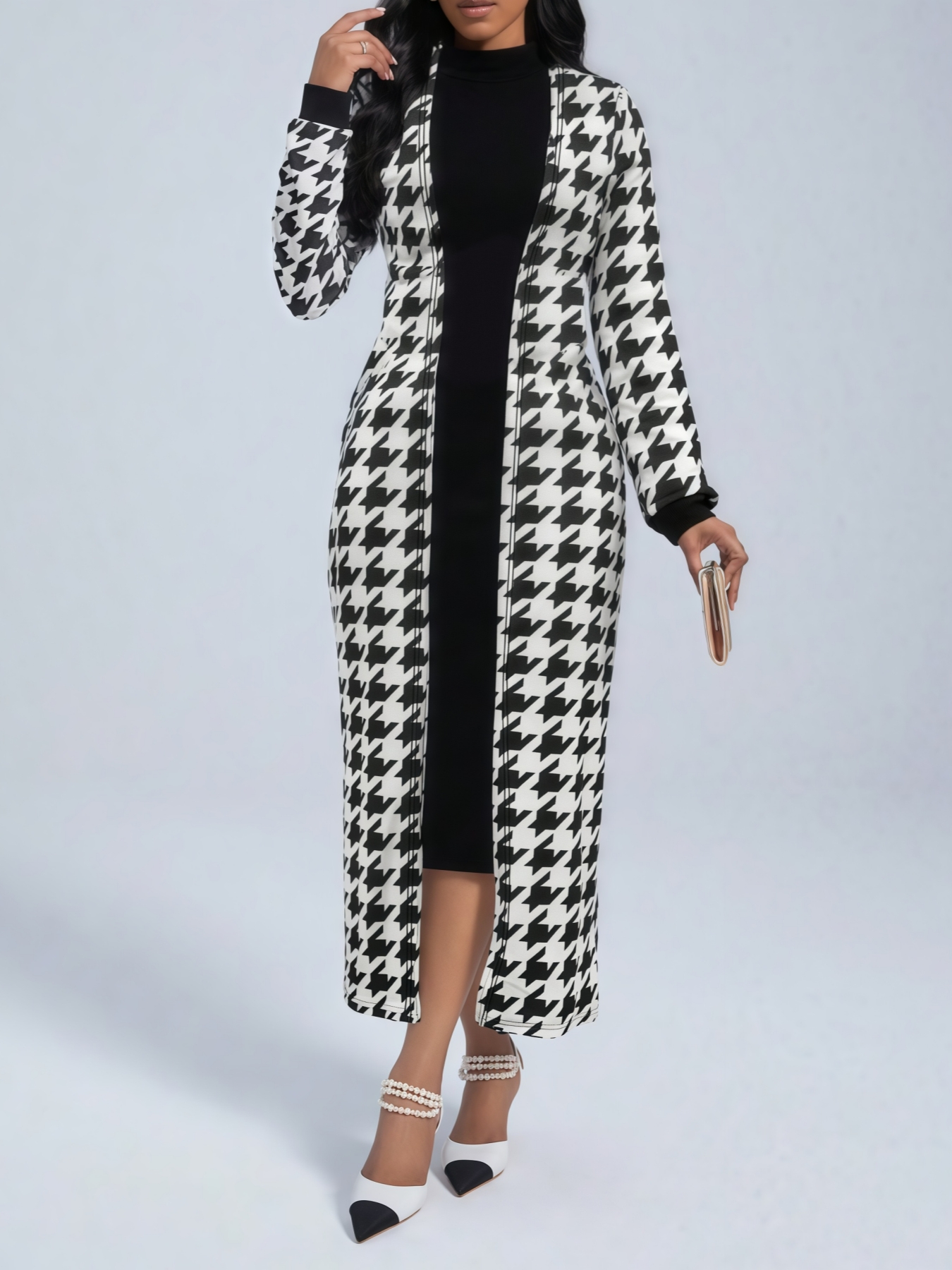 Vestido de cárdigan largo fino de diente de perro para mujeres-Aegean-sea