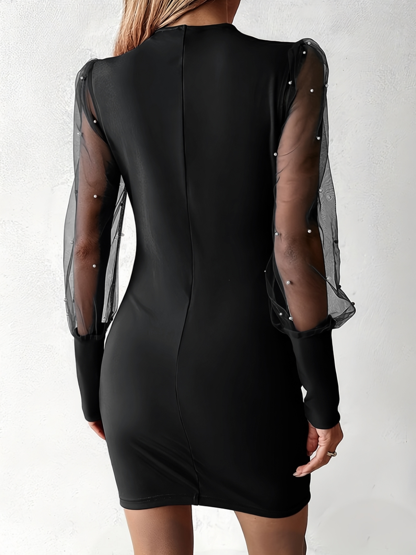 Plied dress with tulle sleeves with beads for women-Aegean-sea