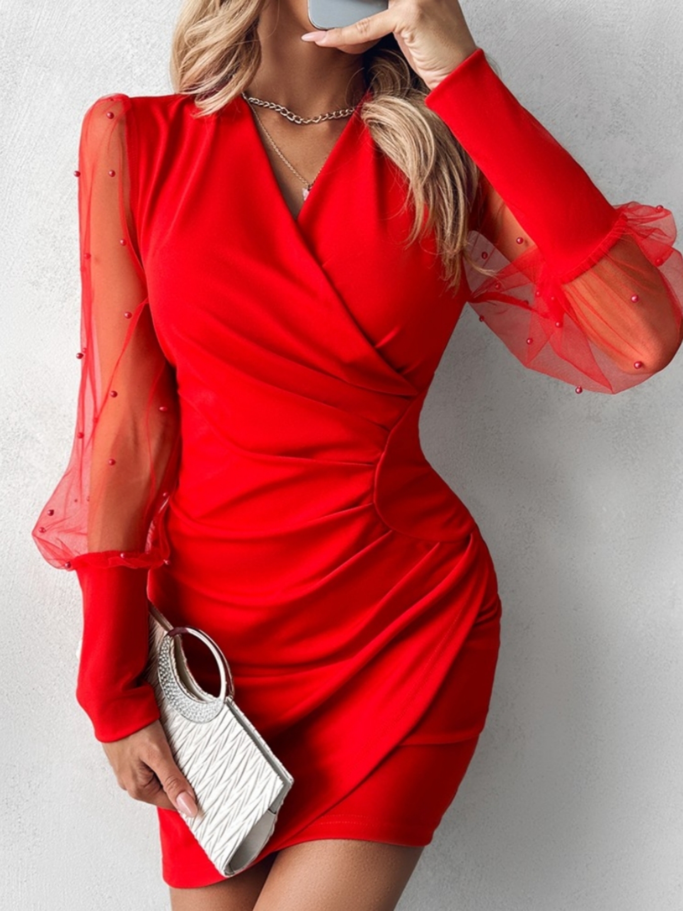 Plied dress with tulle sleeves with beads for women-Aegean-sea