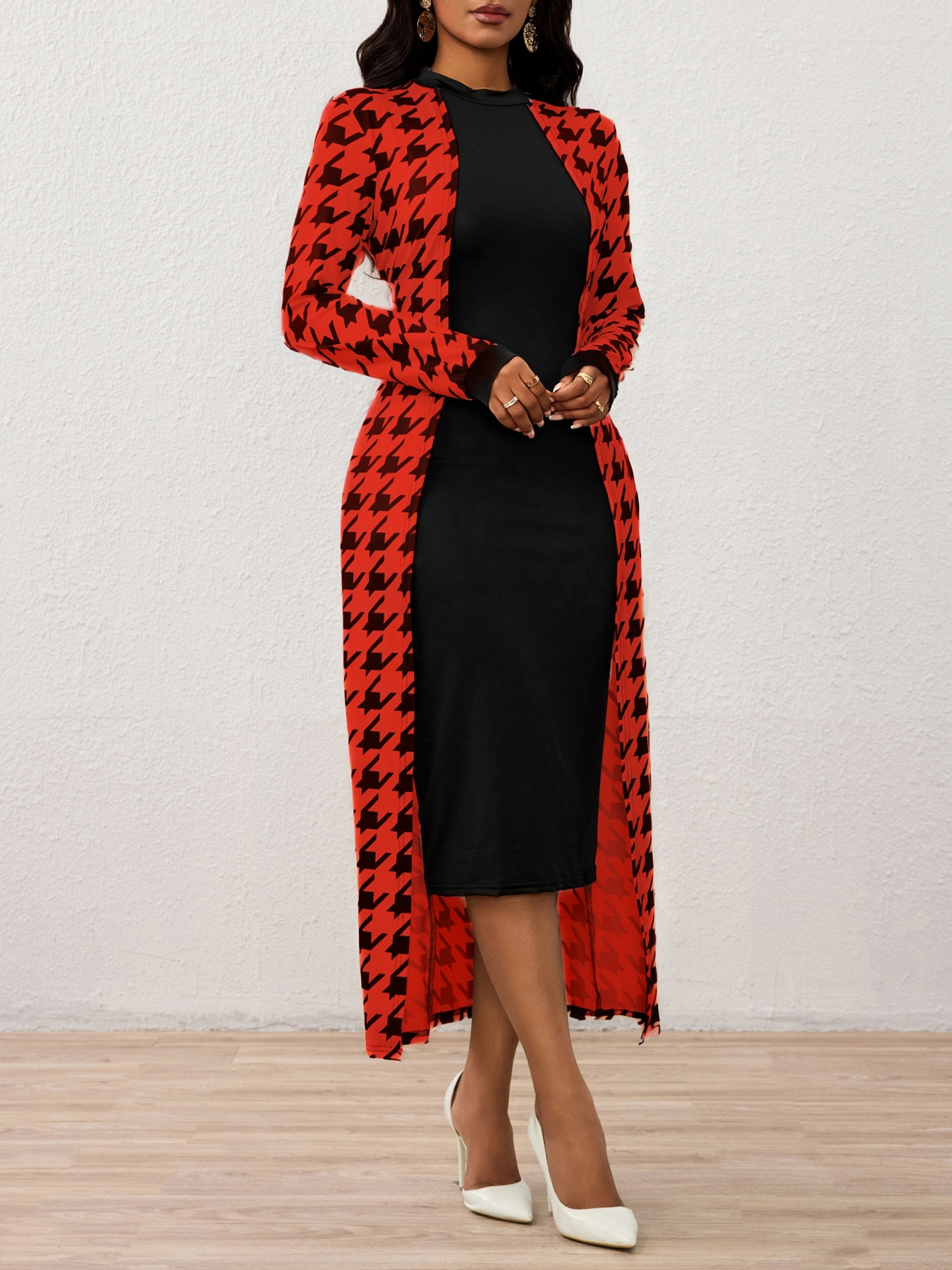 Vestido de cárdigan largo fino de diente de perro para mujeres-Aegean-sea