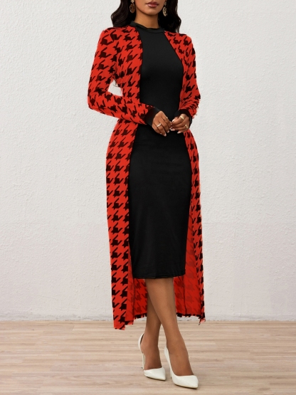 Vestido de cárdigan largo fino de diente de perro para mujeres-Aegean-sea