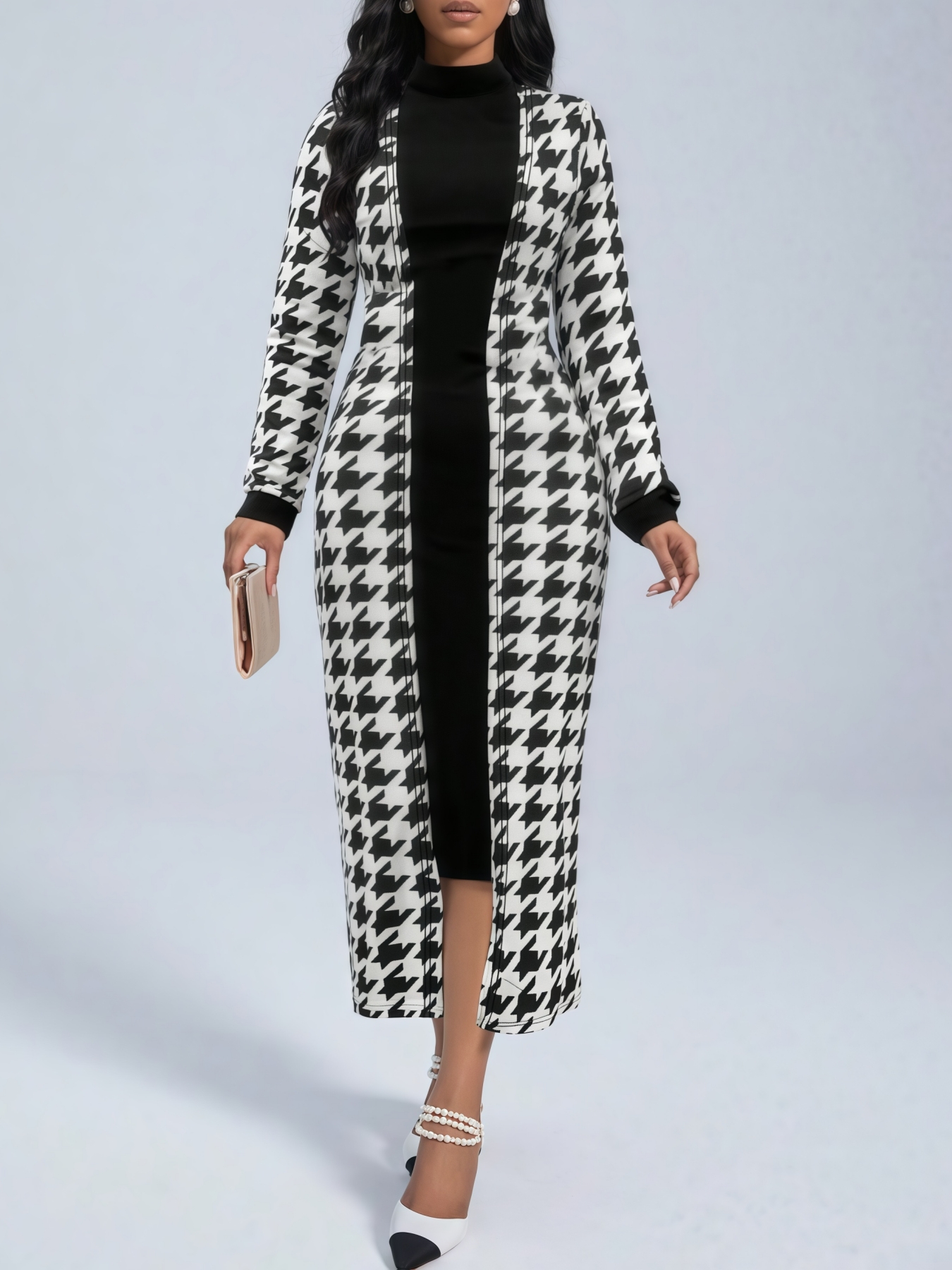 Women's Houndstooth Slim Long Cardigan Dress