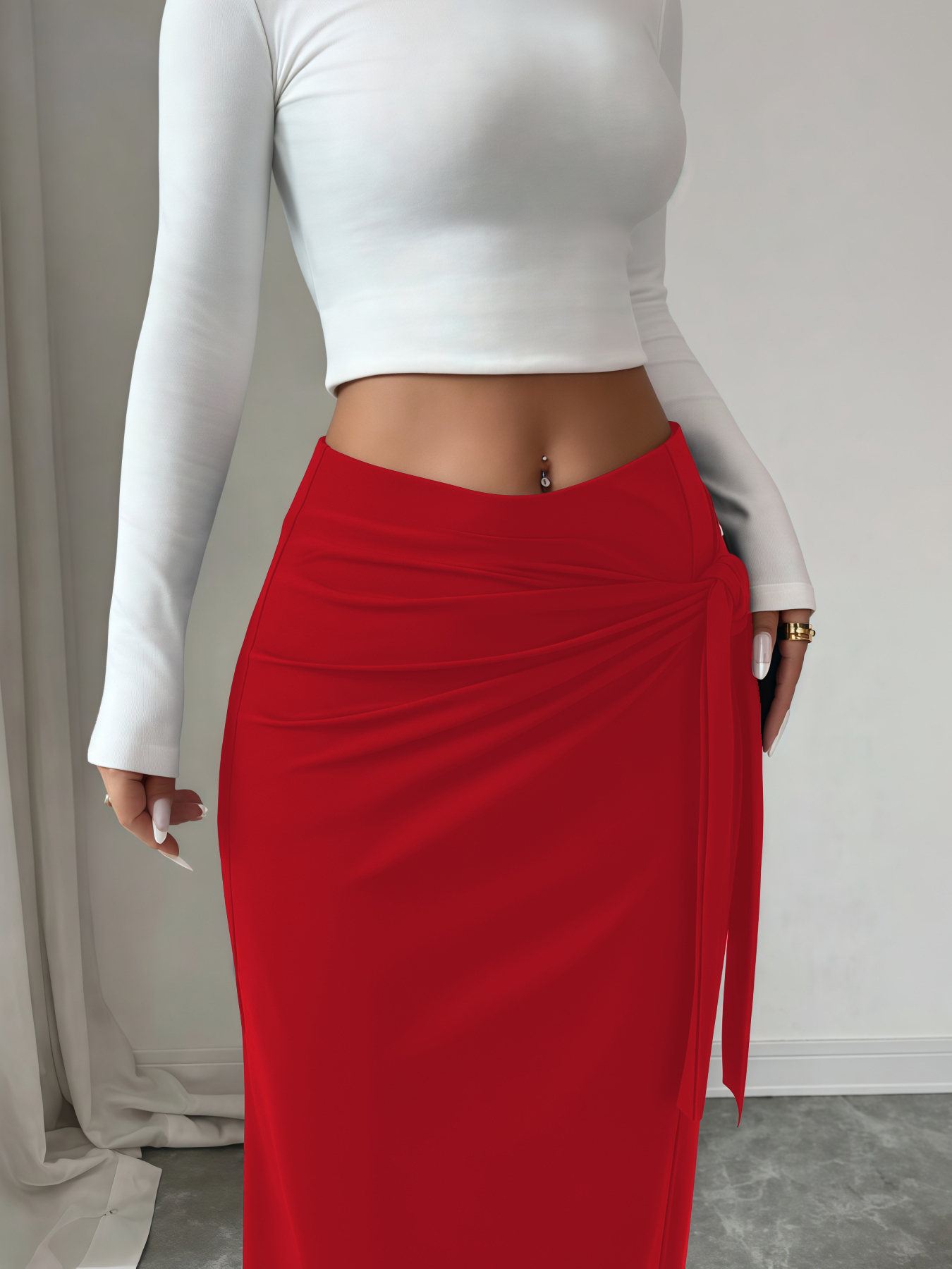 Falda media lápiz de mujer negra con corbata y lateral con ruchedura con abertura lateral-Aegean-sea