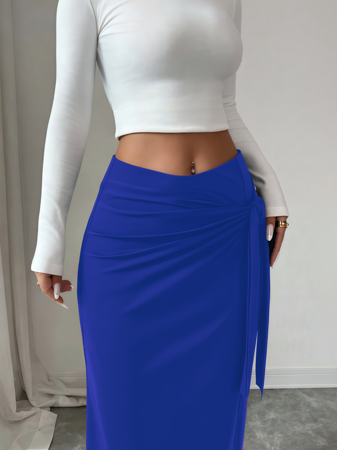 Falda media lápiz de mujer negra con corbata y lateral con ruchedura con abertura lateral-Aegean-sea