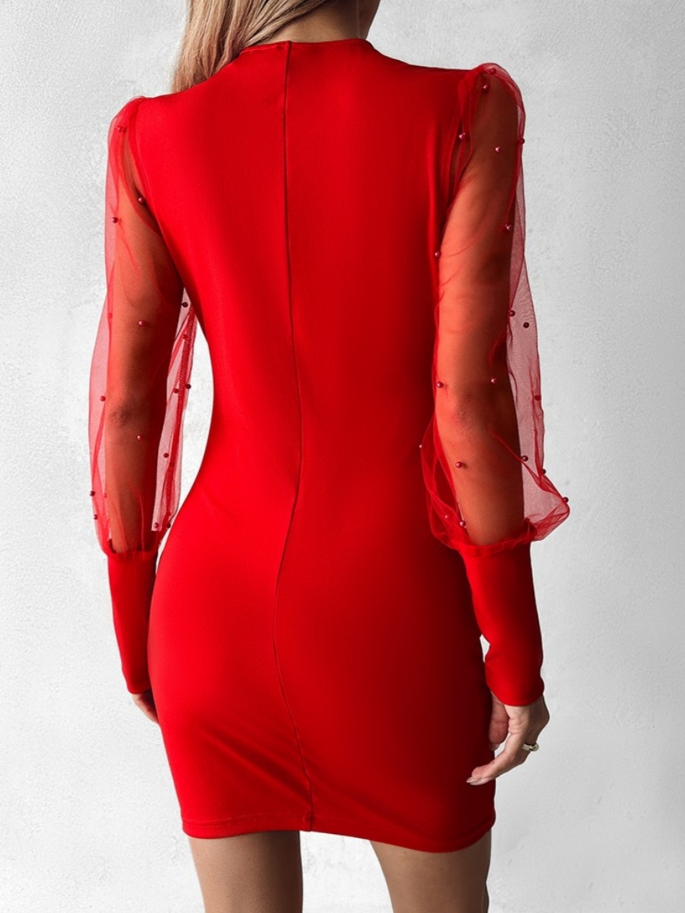 Plied dress with tulle sleeves with beads for women-Aegean-sea