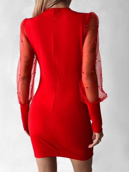 Plied dress with tulle sleeves with beads for women-Aegean-sea