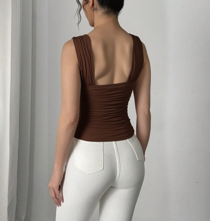 Woman's Brown Ruched Sweetheart Neck Wide Strap Crop Top-Aegean-sea