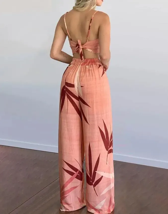 Pink Bamboo Leaf Strap Wide Legs Set, Holiday Style Two-piece Set