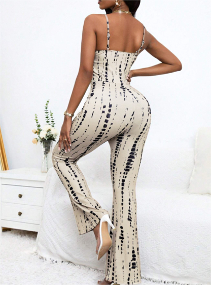 Woman's Beige & Black Tie-Dye Spaghetti Strap Jumpsuit - Flared Leg & Bodycon Fit-Aegean-sea