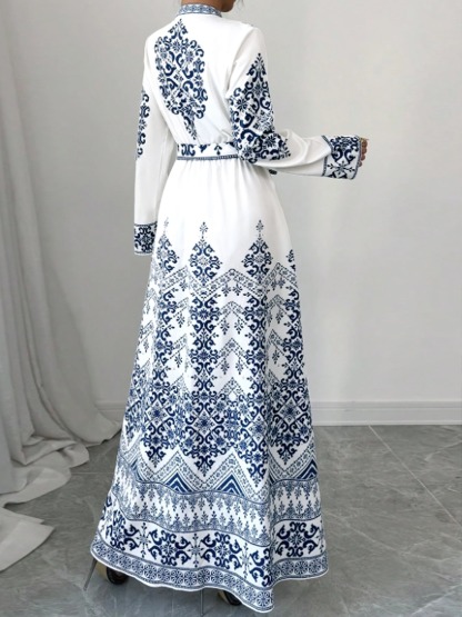 Tsinghua porcelain positioned floral print dress Standing collar with waist tie Long skirt with wide hem