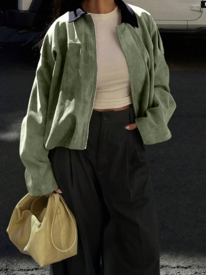 Black and green contrasting reversal suede shirt Loose long-sleeved jacket jacket jacket