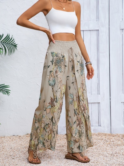 Women's Floral Print Smocked Waist Wide Leg Pants-Aegean-sea