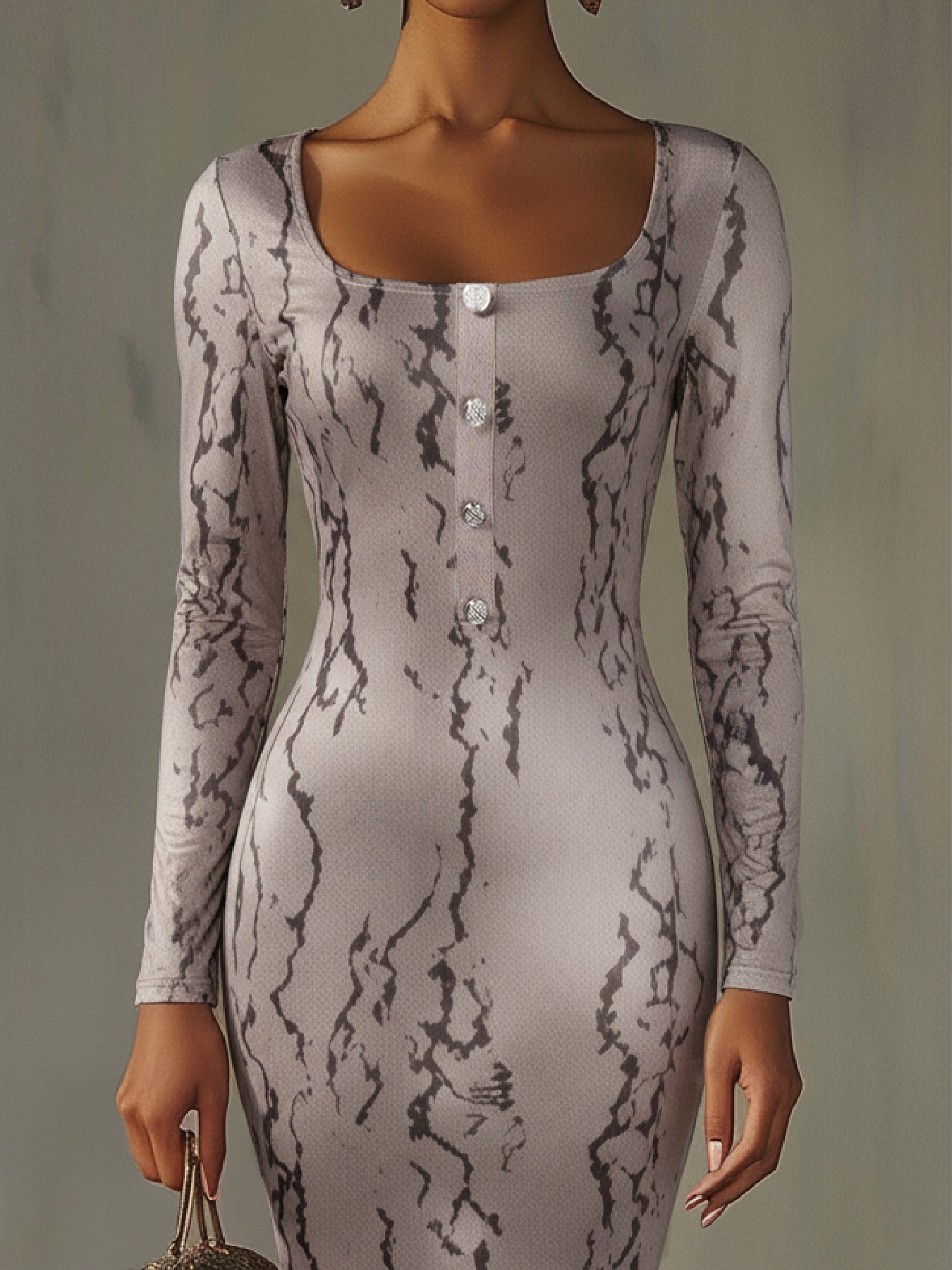 Woman's Beige Snake Print Square Neck Asymmetric Midi Dress