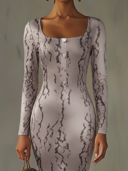 Woman's Beige Snake Print Square Neck Asymmetric Midi Dress