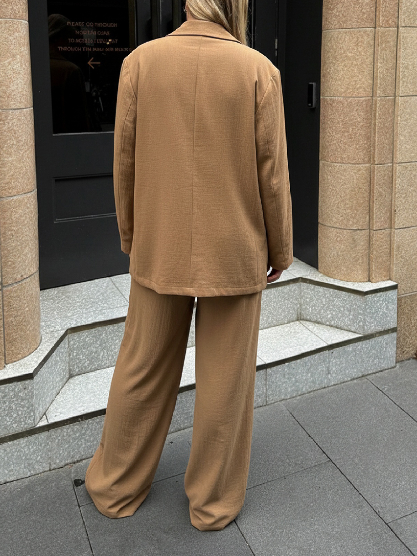 Woman's Camel Vertical Stripe Blazer & Wide-Leg Pants Set | Loose Casual Office Two-Piece-Aegean-sea