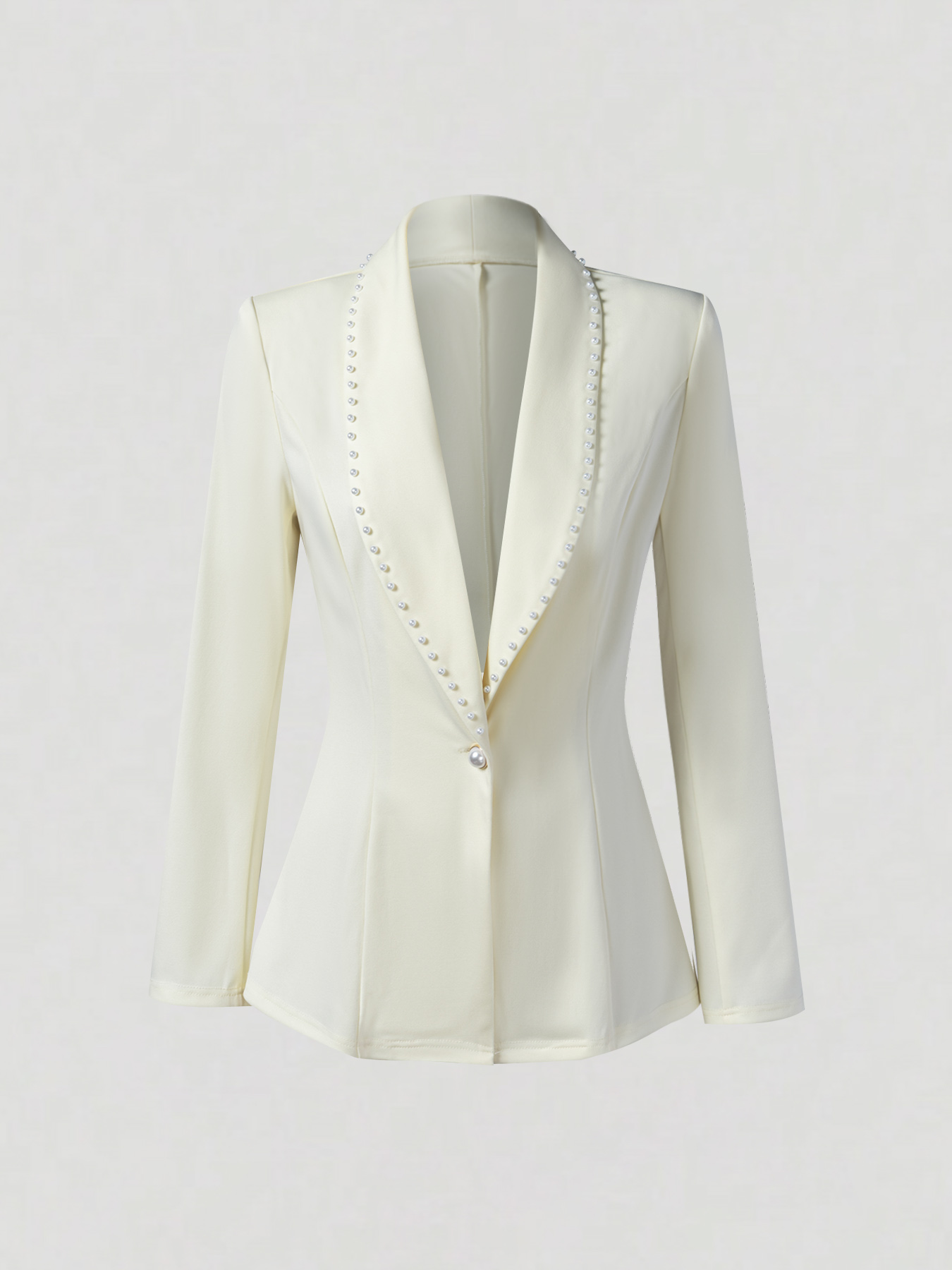 Elegant Cream Fitted Blazer with Pearl-Trimmed Lapel & Slim Waist-Aegean-sea