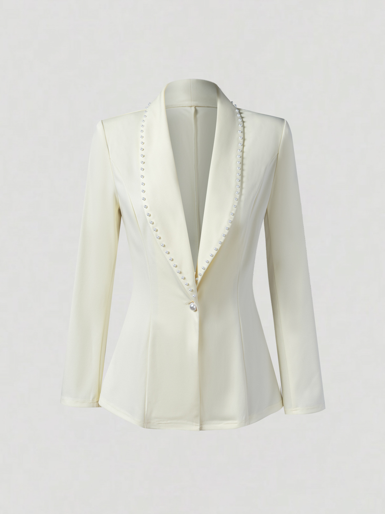 Elegant Cream Fitted Blazer with Pearl-Trimmed Lapel & Slim Waist-Aegean-sea