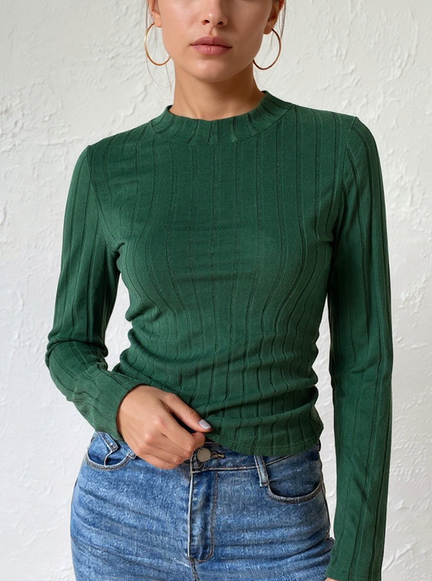 Camiseta de manga larga de cuello falso con ribetes oscuros para mujeres-Aegean-sea