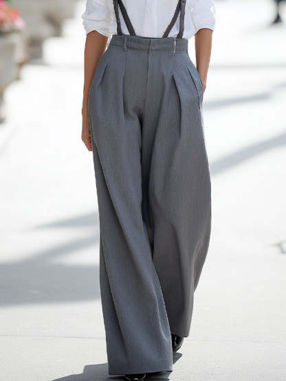 Gray cross-strap wide-legged pants, high-waisted business suit pants