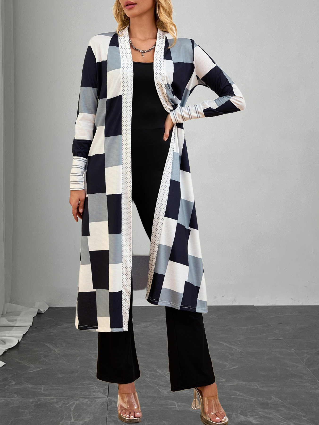 Cárdigan de manga larga de mujer con estampado a cuadros-Aegean-sea