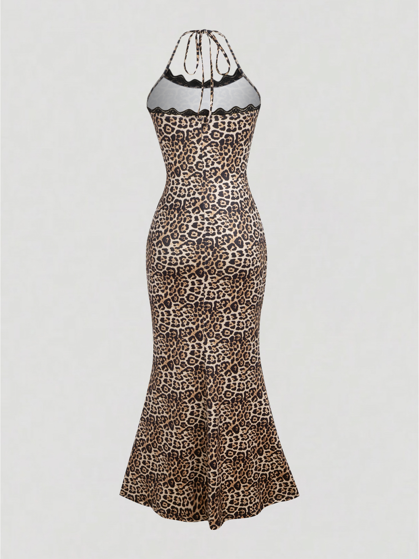 Woman's Wild Sexy Styl Leopard Print Halter Neck Lace Trim Mermaid Maxi Dress