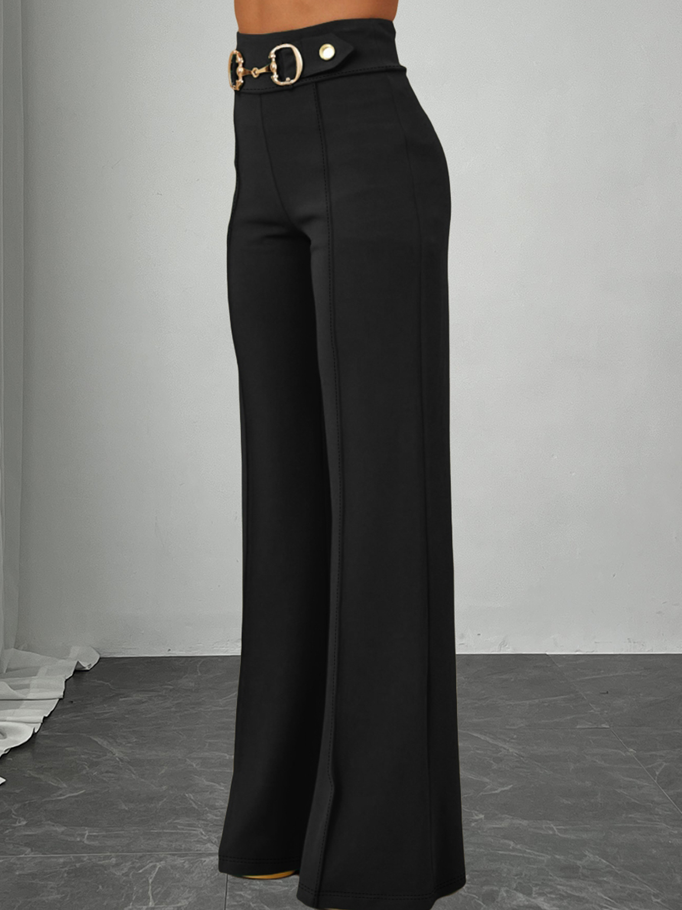 Black High-Waisted Wide Leg Pants with Gold Buckle Detail-Aegean-sea