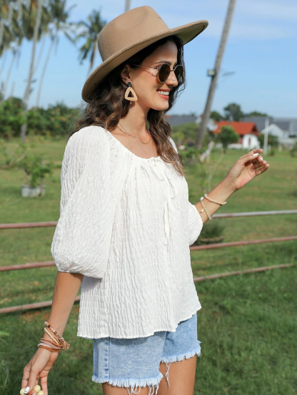 Woman's White Textured Tie Neck Puff Sleeve Boho Top-Aegean-sea