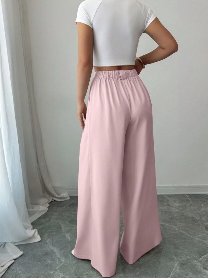 Pantalones anchos de cintura alta de color rosa para mujer-Aegean-sea