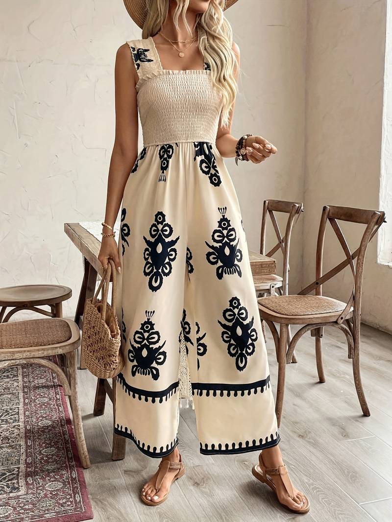 Women's Boho Smocked Wide Leg Jumpsuit - Sleeveless Tribal Print Split Hem Jumpsuit