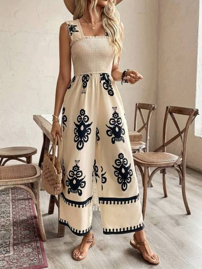 Women's Boho Smocked Wide Leg Jumpsuit - Sleeveless Tribal Print Split Hem Jumpsuit