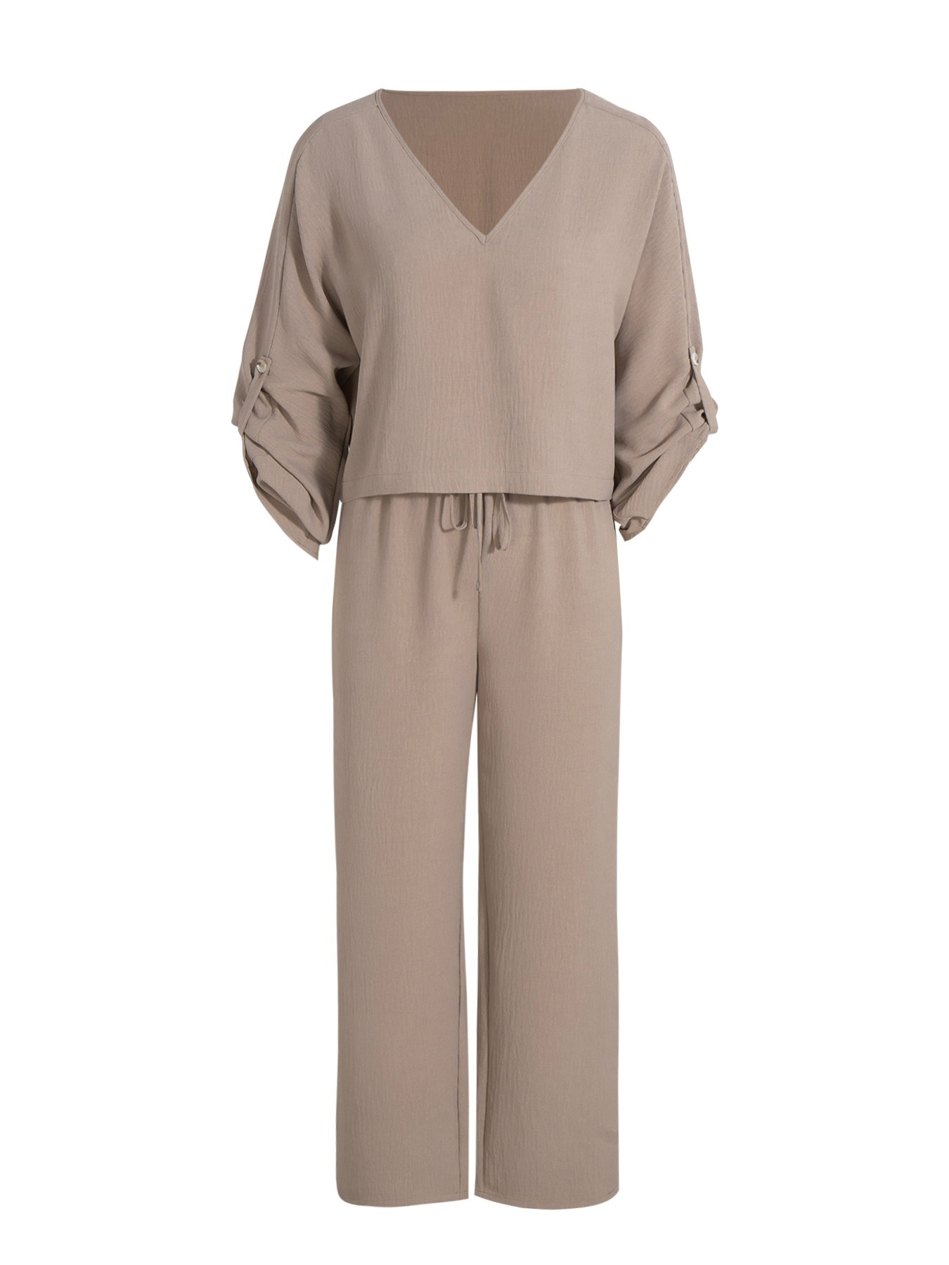 Khaki V-neck cotton hemp suit for women Loose bat-sleeved top wide-legged pants