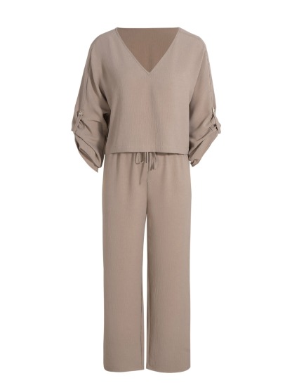 Khaki V-neck cotton hemp suit for women Loose bat-sleeved top wide-legged pants