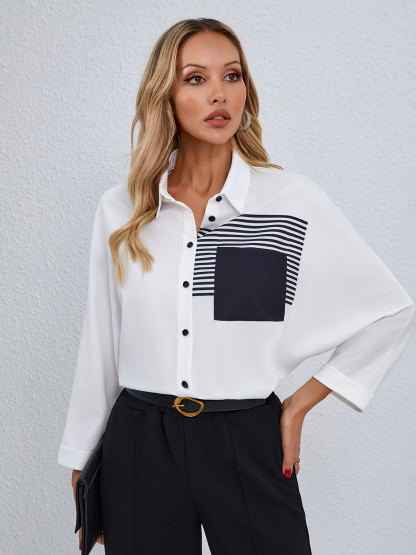 Woman's Collared Button-up Shirt with Striped & Square Patch Detail-Aegean-sea