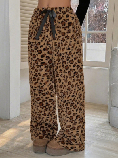 Pantalón de salón de piernas anchas con cordón y estampado de leopardo para mujer-Aegean-sea